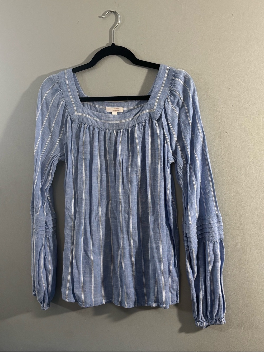 LC Lauren Conrad Light Blue & White Striped Square-Neck Peasant Top
